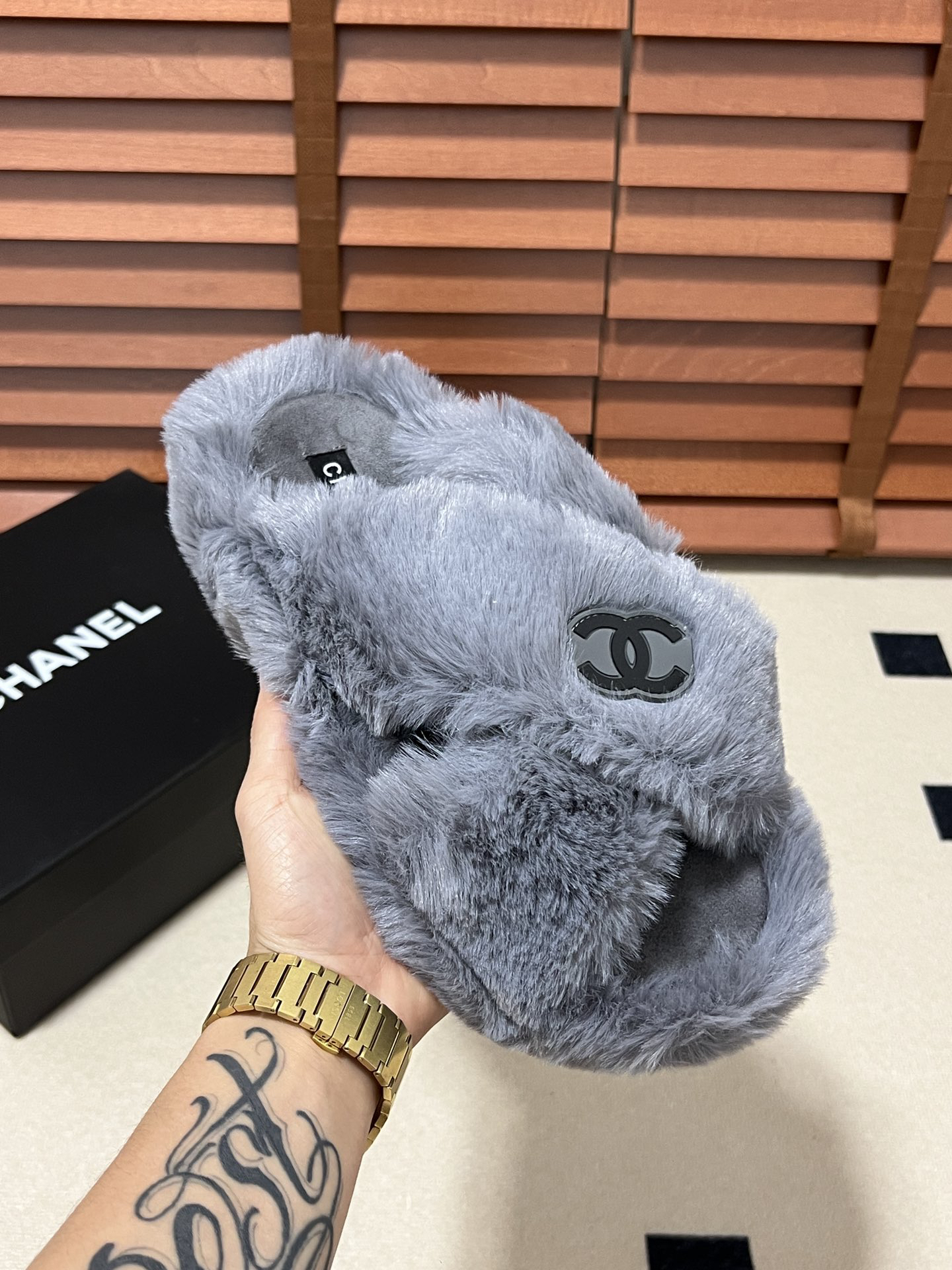 CHANEL plush slipper