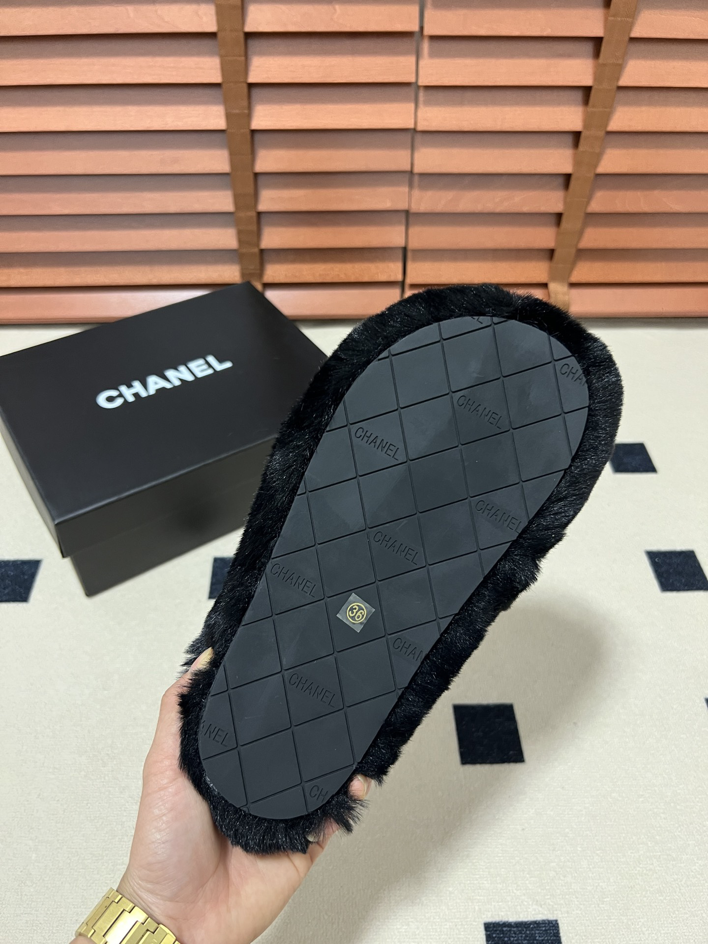 CHANEL plush slipper