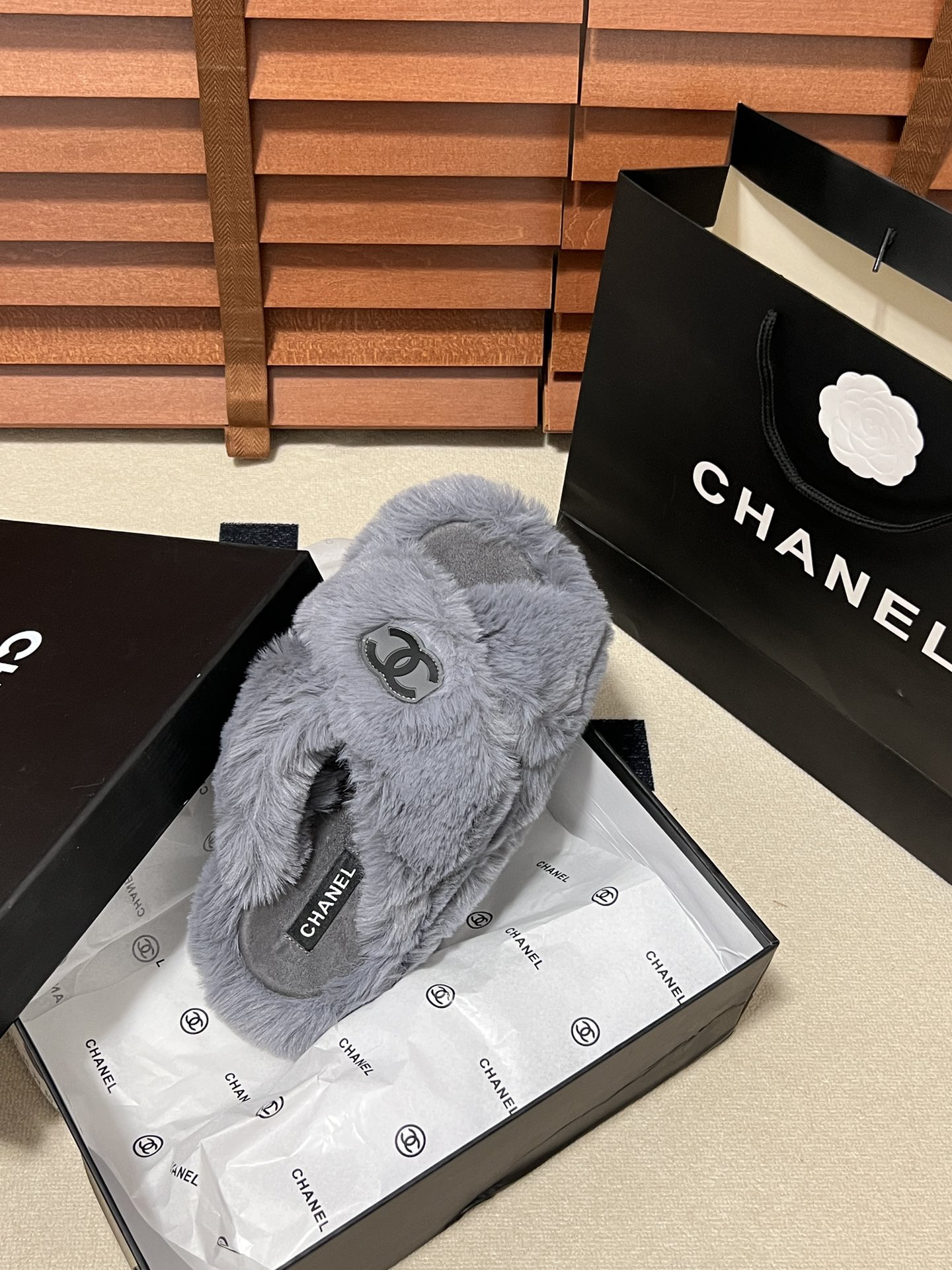 CHANEL plush slipper