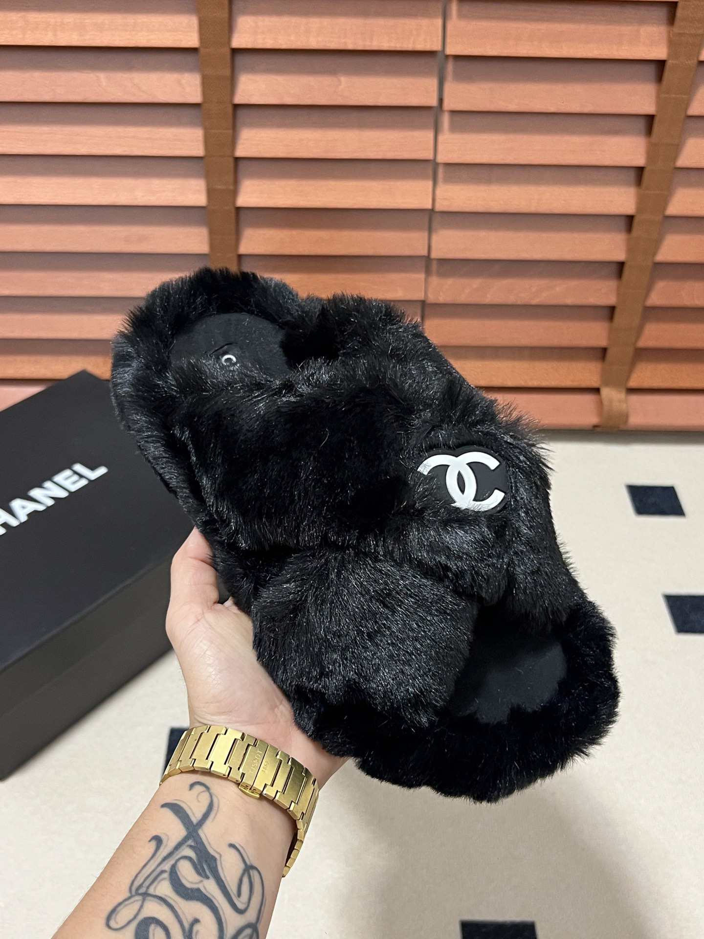 CHANEL plush slipper