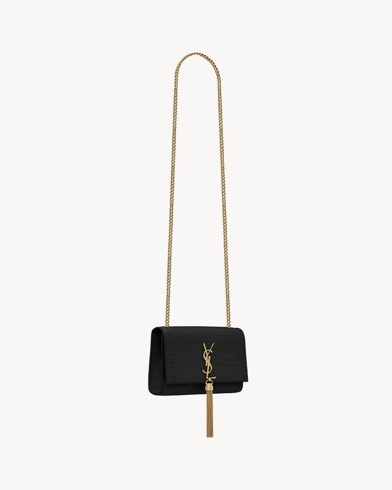 YSL KATE fringed small crocodile print embossed leather handbag