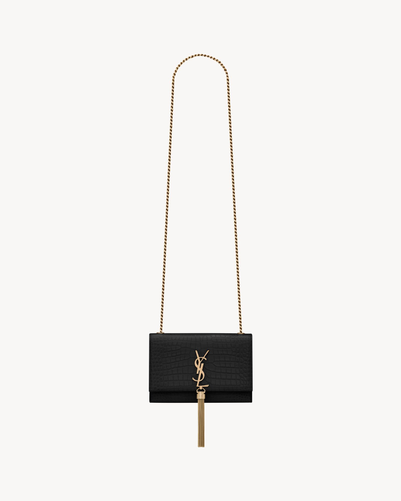 YSL KATE fringed small crocodile print embossed leather handbag