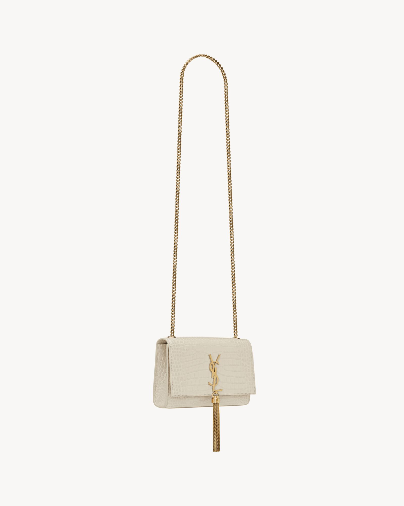 YSL KATE fringed small crocodile print embossed leather handbag