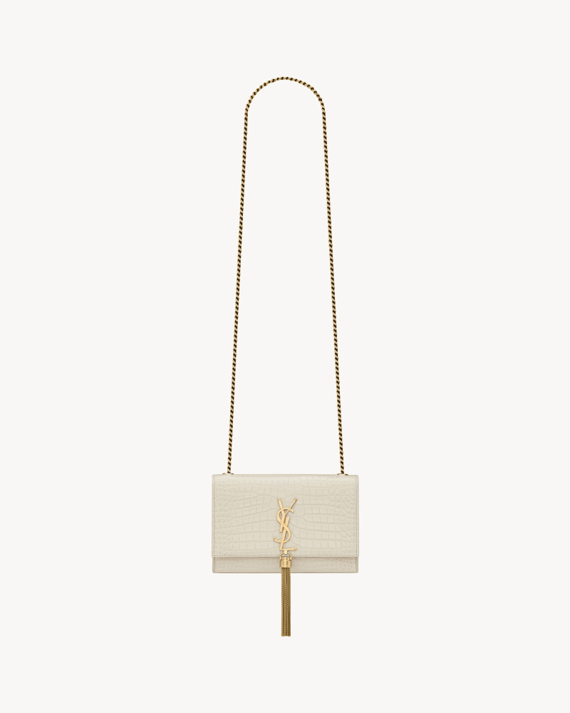 YSL KATE fringed small crocodile print embossed leather handbag