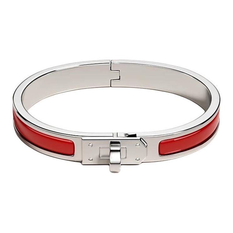 HERMÈS Emblem Design Enamel Palladium-Plated Bracelet for Women, Red