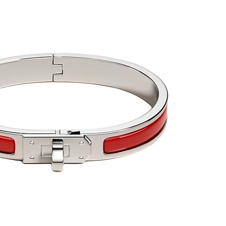 HERMÈS Emblem Design Enamel Palladium-Plated Bracelet for Women, Red
