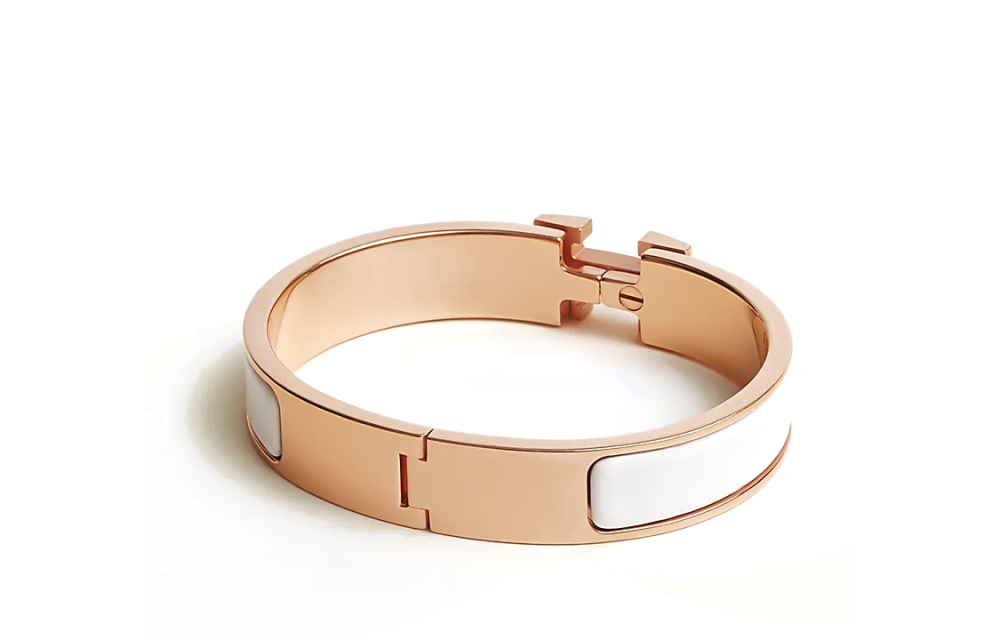 HERMÈS Clic Personalized H-Style Enamel Bangle for Women, White/Rose Gold