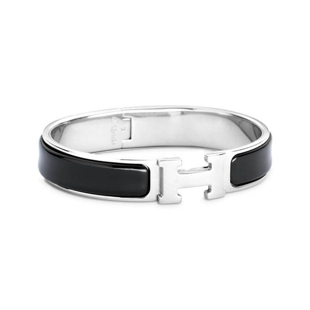 HERMÈS H Emblem Palladium-Plated Bangle for Women, Black/Silver