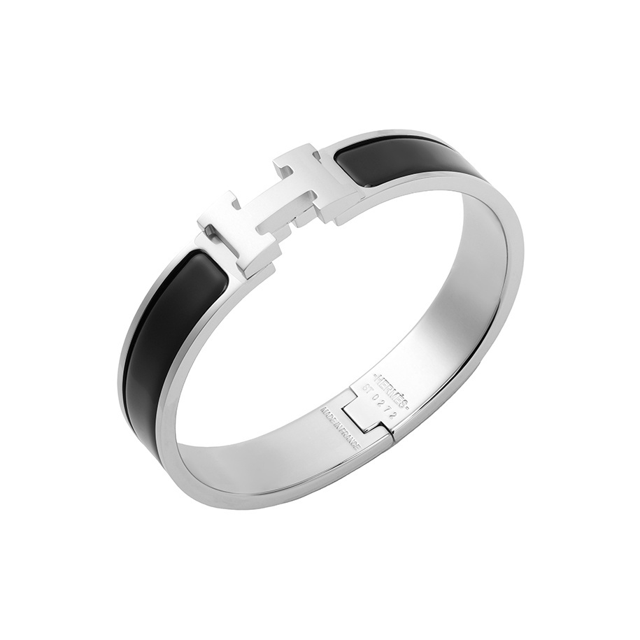 HERMÈS H Emblem Palladium-Plated Bangle for Women, Black/Silver