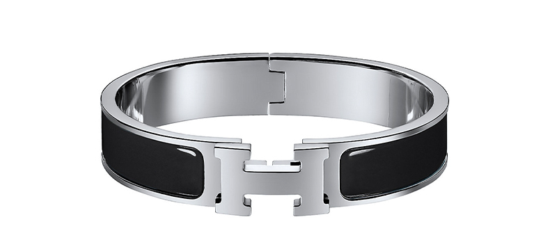 HERMÈS H Emblem Palladium-Plated Bangle for Women, Black/Silver