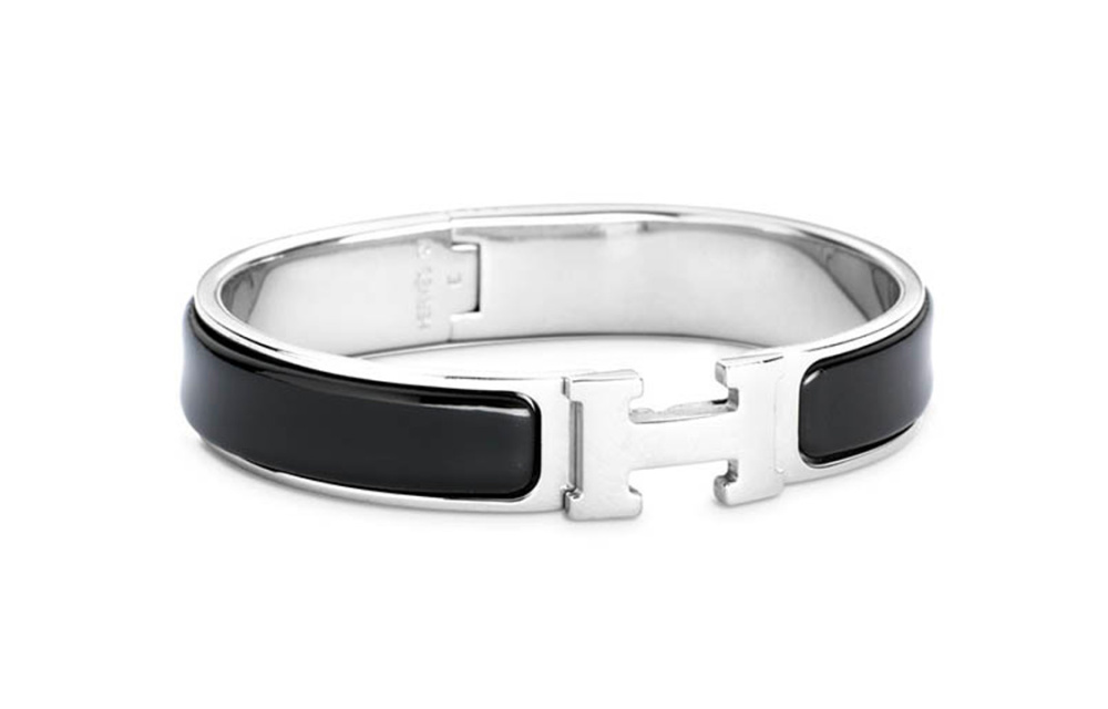 HERMÈS H Emblem Palladium-Plated Bangle for Women, Black/Silver