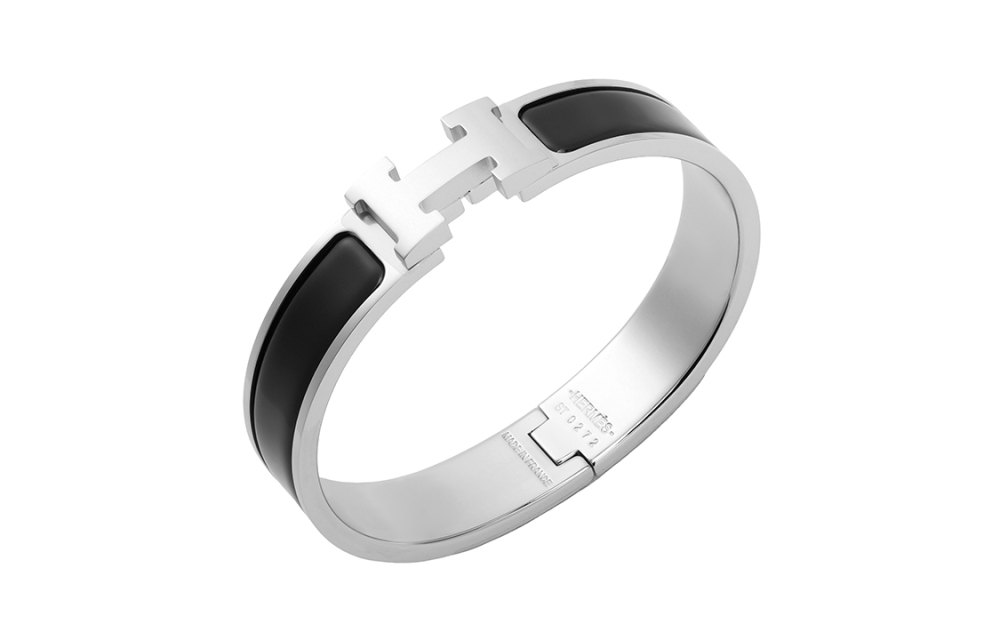 HERMÈS H Emblem Palladium-Plated Bangle for Women, Black/Silver