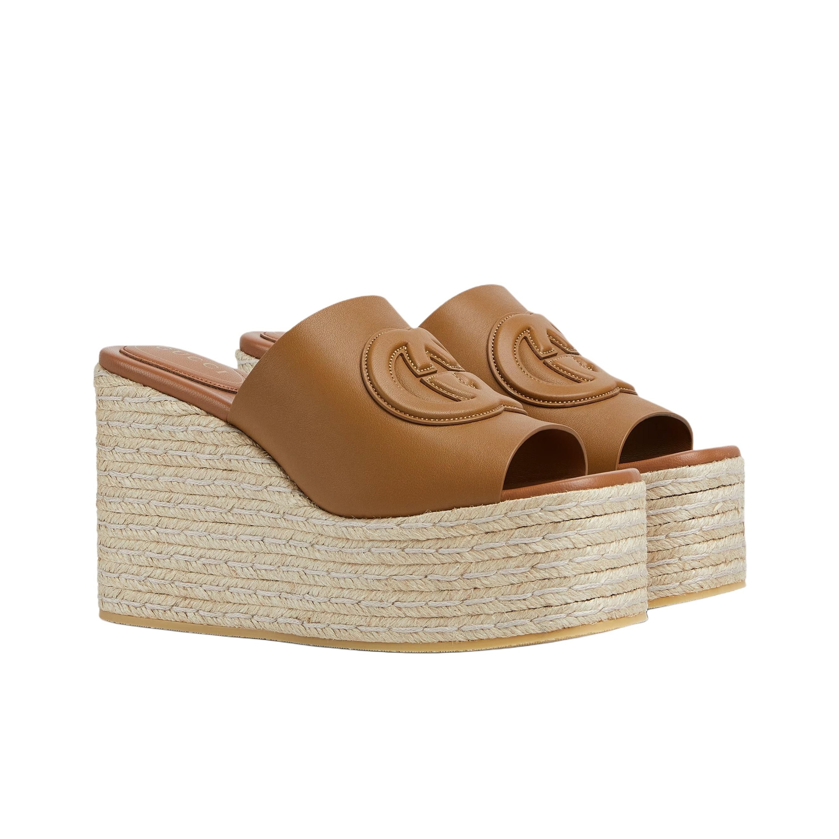 GUCCI Interlocking Women's Wedge Open-Toe Slide Sandals (7.3cm Heel) in Brown