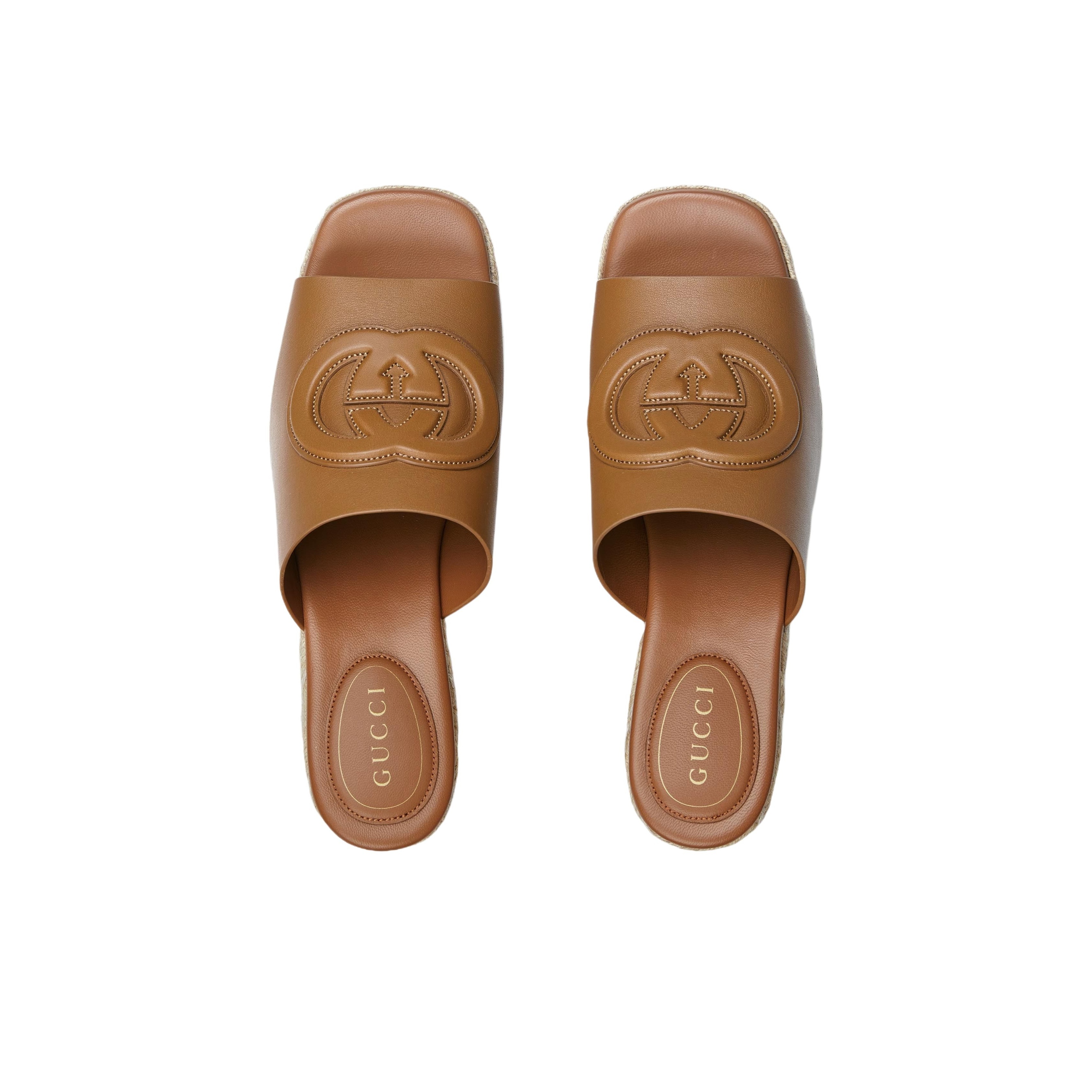 GUCCI Interlocking Women's Wedge Open-Toe Slide Sandals (7.3cm Heel) in Brown