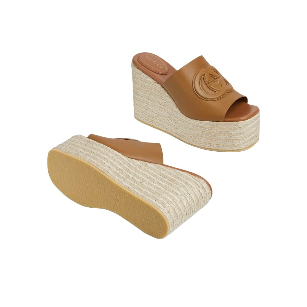 GUCCI Interlocking Women's Wedge Open-Toe Slide Sandals (7.3cm Heel) in Brown