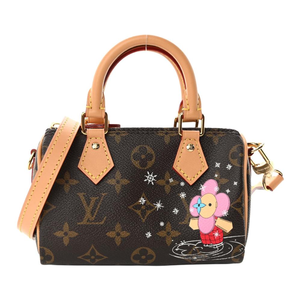 LOUIS VUITTON Nano Speedy Shoulder/Crossbody/Handbag in Brown Coated Canvas with Removable & Adjustable Strap and Zip Closure, Extra Mini, Women's