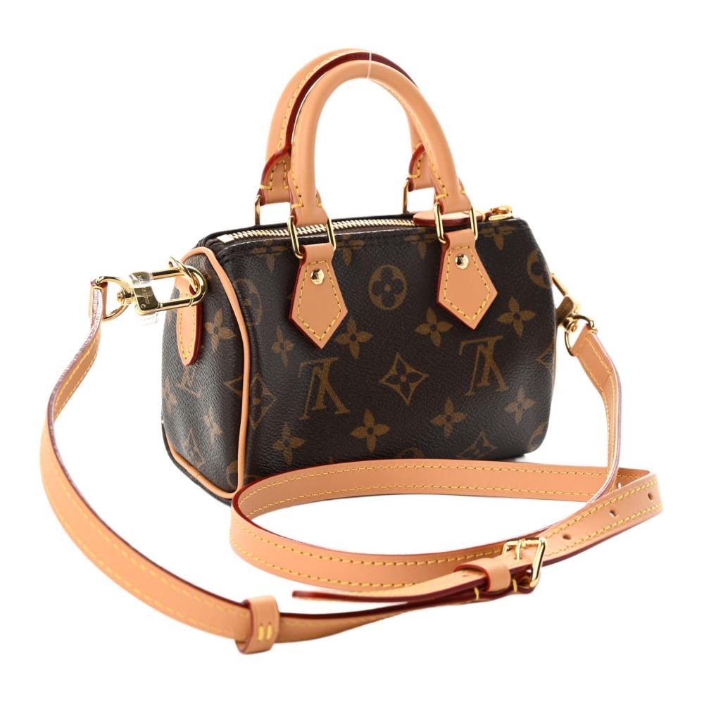 LOUIS VUITTON Nano Speedy Shoulder/Crossbody/Handbag in Brown Coated Canvas with Removable & Adjustable Strap and Zip Closure, Extra Mini, Women's