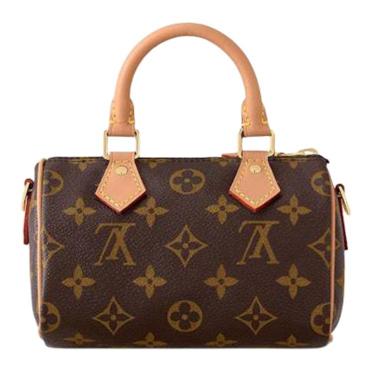 LOUIS VUITTON Nano Speedy Shoulder/Crossbody/Handbag in Brown Coated Canvas with Removable & Adjustable Strap and Zip Closure, Extra Mini, Women's