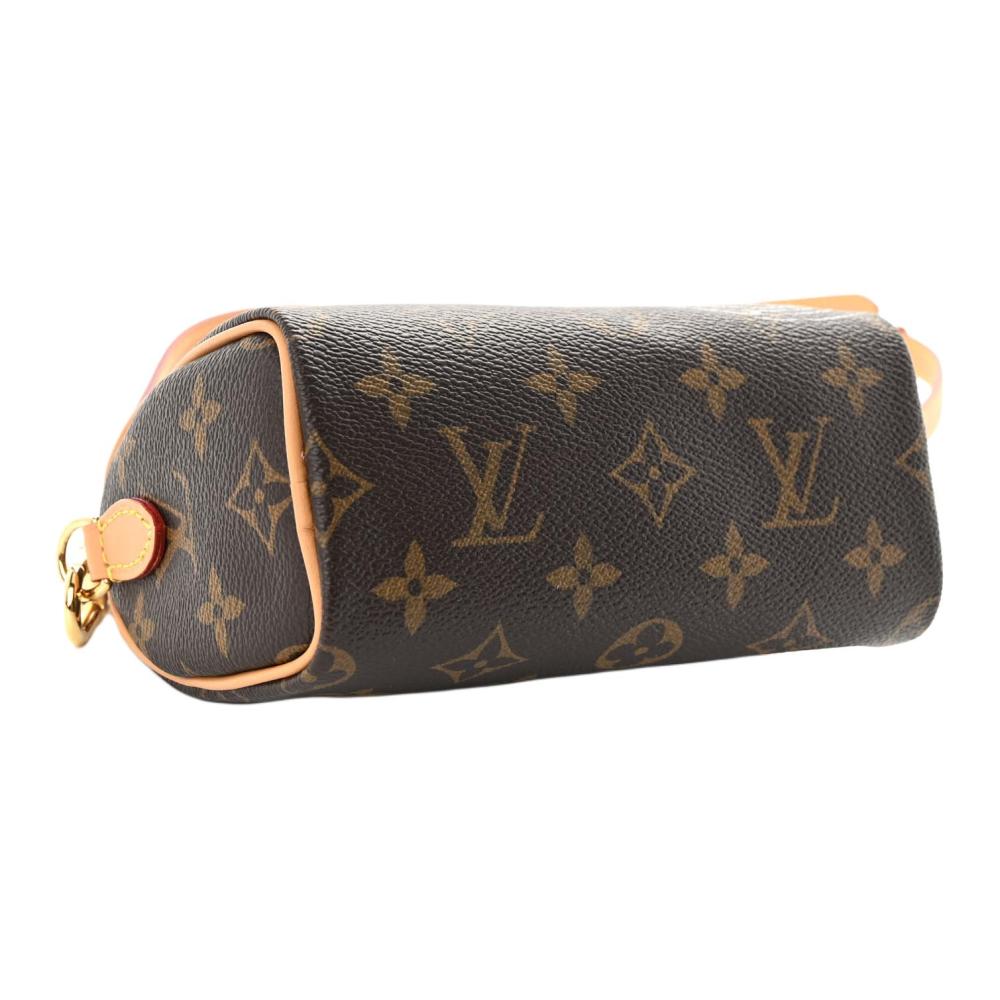 LOUIS VUITTON Nano Speedy Shoulder/Crossbody/Handbag in Brown Coated Canvas with Removable & Adjustable Strap and Zip Closure, Extra Mini, Women's