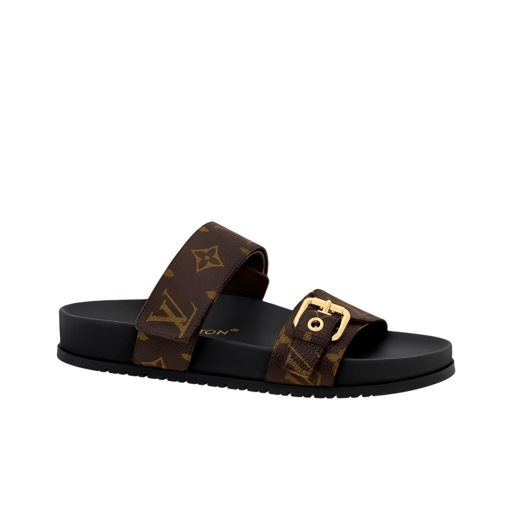 LOUIS VUITTON Bom Dia Flat Slip-On Slide Sandals (Women's, Brown)