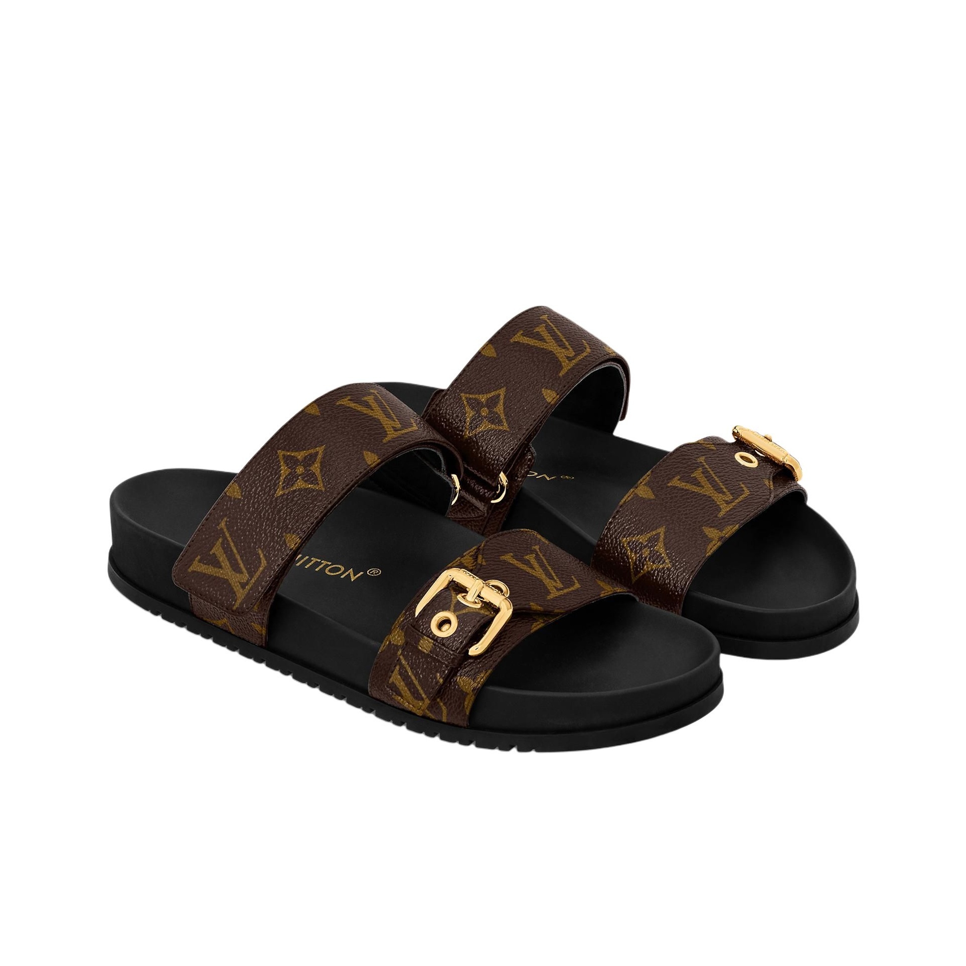 LOUIS VUITTON Bom Dia Flat Slip-On Slide Sandals (Women's, Brown)