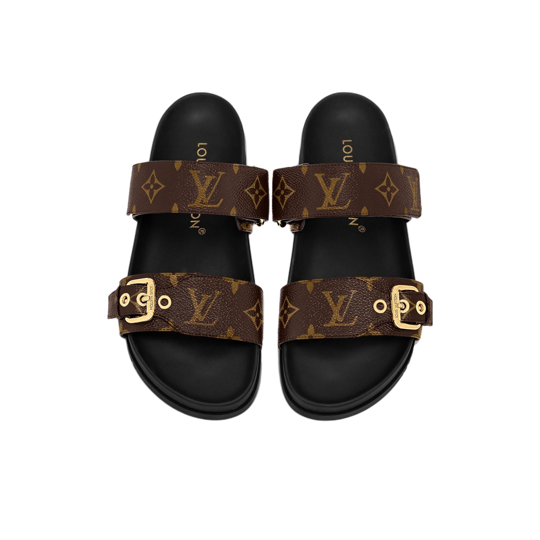 LOUIS VUITTON Bom Dia Flat Slip-On Slide Sandals (Women's, Brown)