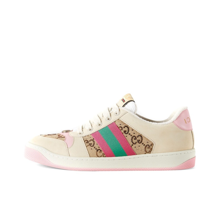 GUCCI Screener Distressed Sneakers with GG Enamel, Crystal Embellishments & Retro Logo Tag (Women's, White/Brown/Pink)