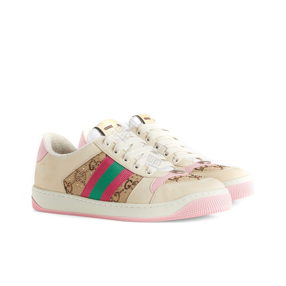 GUCCI Screener Distressed Sneakers with GG Enamel, Crystal Embellishments & Retro Logo Tag (Women's, White/Brown/Pink)
