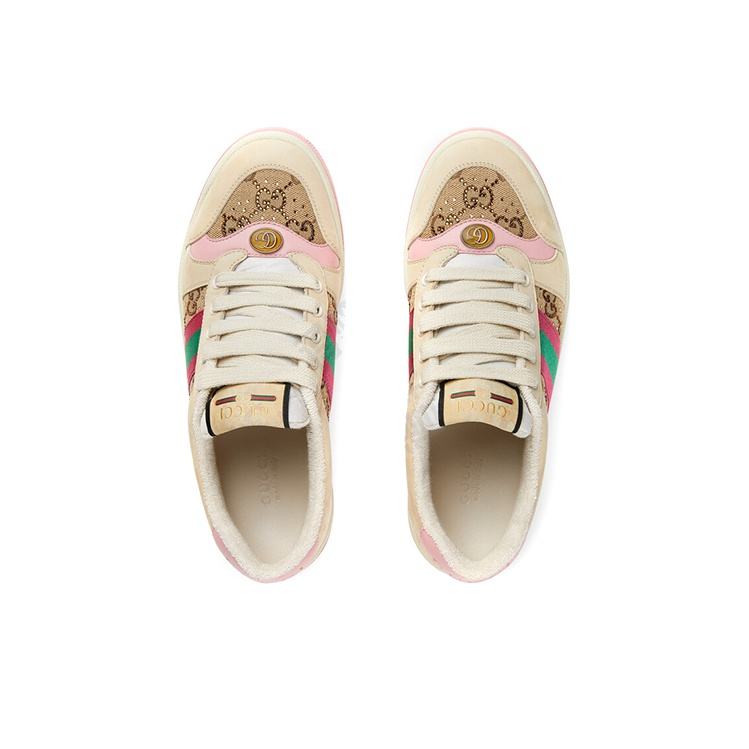 GUCCI Screener Distressed Sneakers with GG Enamel, Crystal Embellishments & Retro Logo Tag (Women's, White/Brown/Pink)