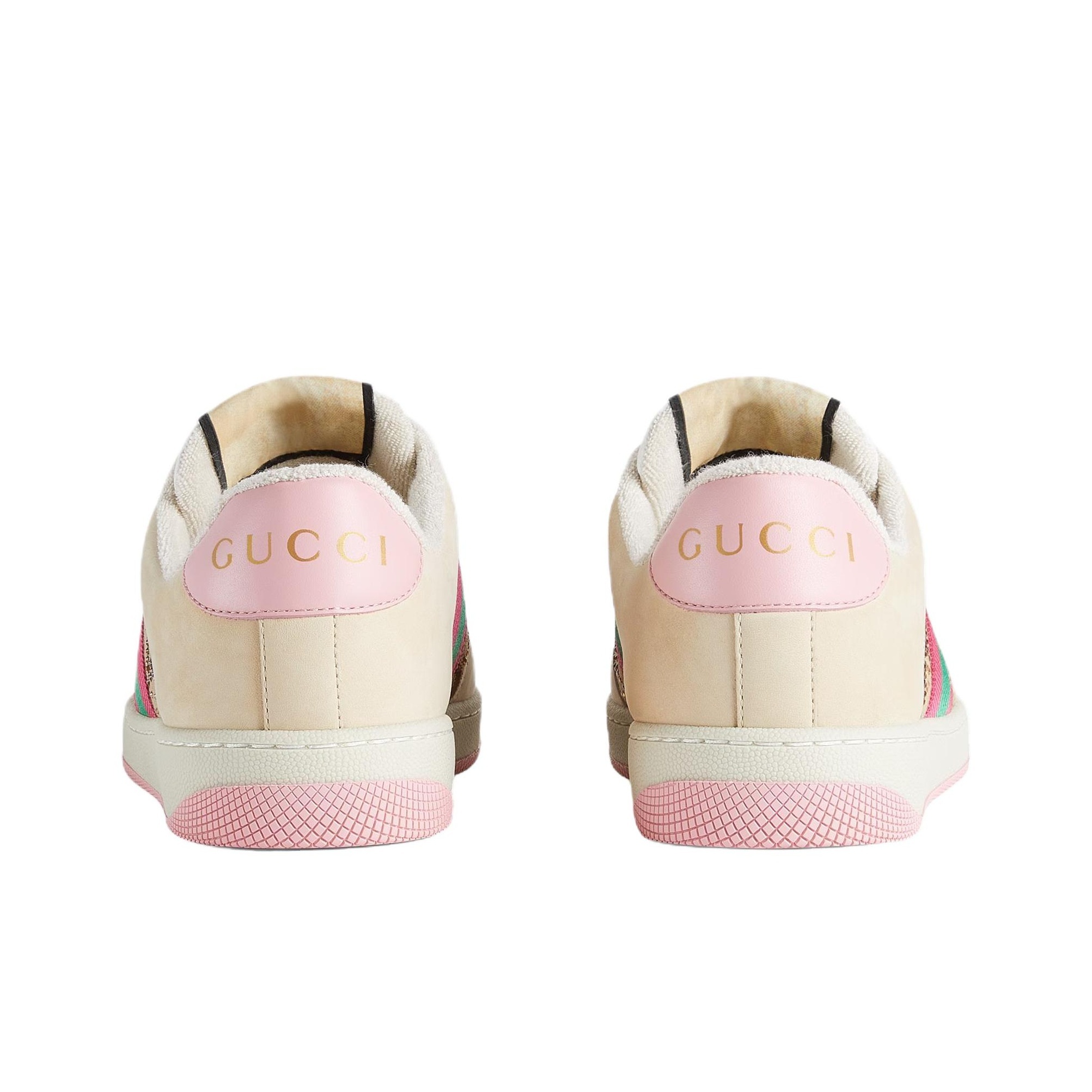 GUCCI Screener Distressed Sneakers with GG Enamel, Crystal Embellishments & Retro Logo Tag (Women's, White/Brown/Pink)