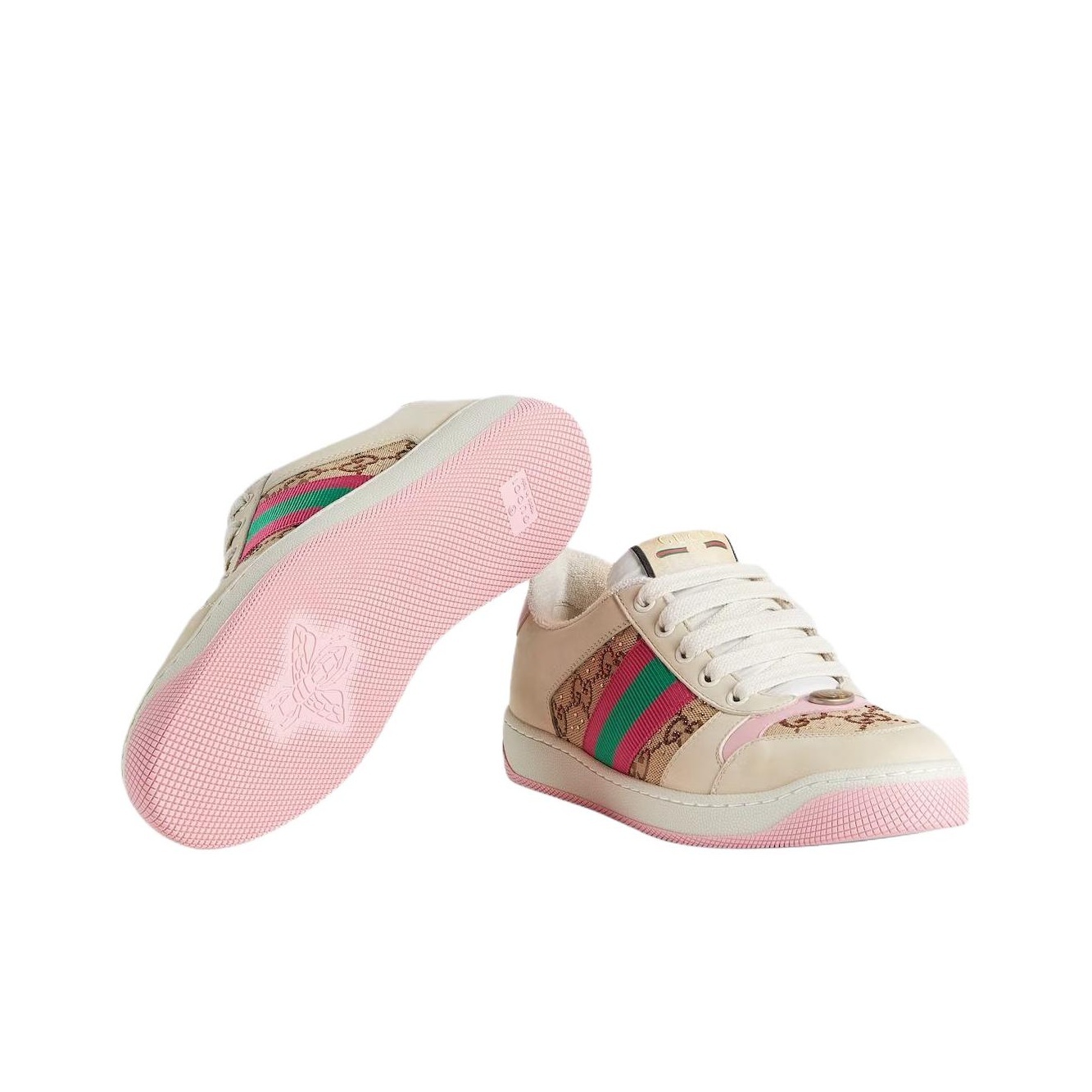 GUCCI Screener Distressed Sneakers with GG Enamel, Crystal Embellishments & Retro Logo Tag (Women's, White/Brown/Pink)