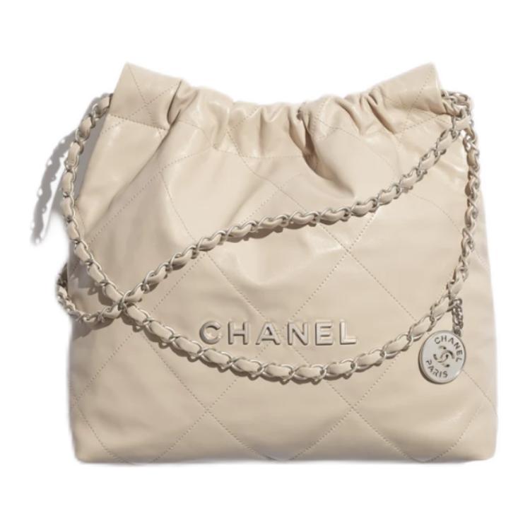 CHANEL 25P 22 Bag with Silver Metallic Quilted Pattern, Leather-through Chain Shoulder Strap, Crossbody Bag, Small Size, Women's Style, Beige