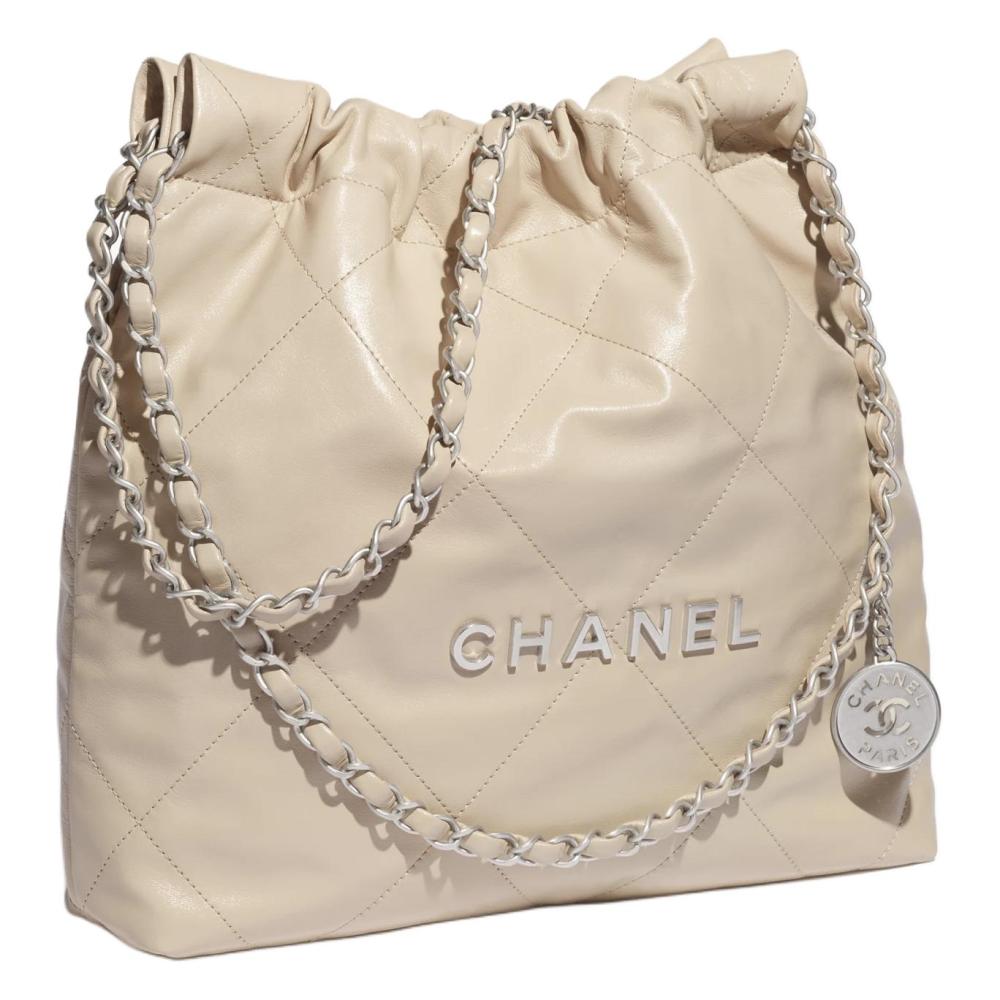 CHANEL 25P 22 Bag with Silver Metallic Quilted Pattern, Leather-through Chain Shoulder Strap, Crossbody Bag, Small Size, Women's Style, Beige