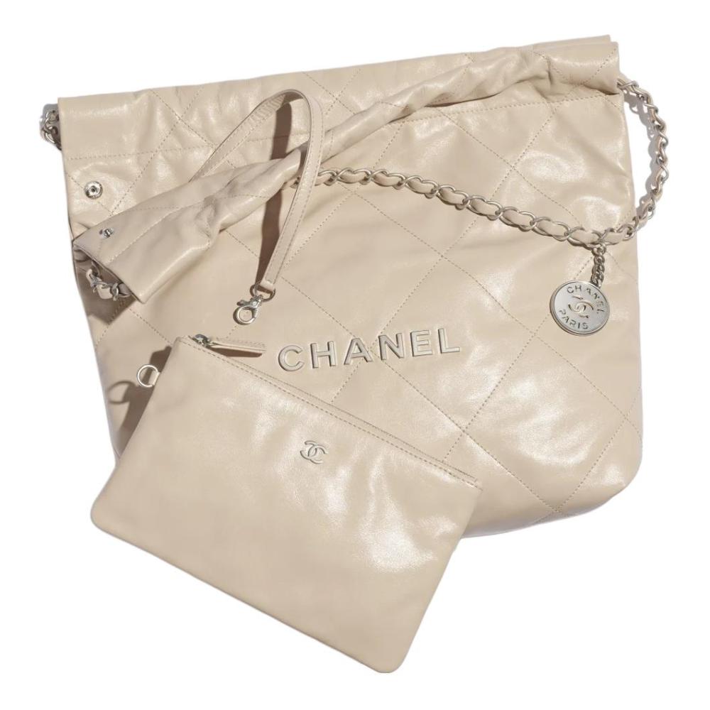 CHANEL 25P 22 Bag with Silver Metallic Quilted Pattern, Leather-through Chain Shoulder Strap, Crossbody Bag, Small Size, Women's Style, Beige