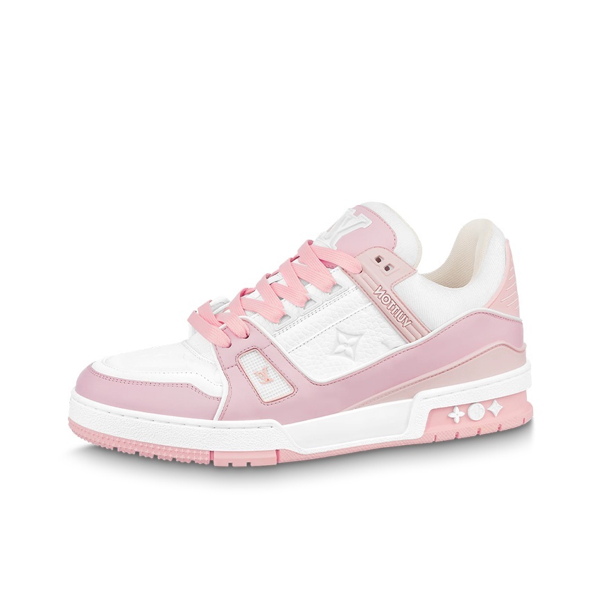 LOUIS VUITTON Trainer Leather Round-Toe Lace-Up Low-Top Fashion Sneakers, Unisex, Rose Pink