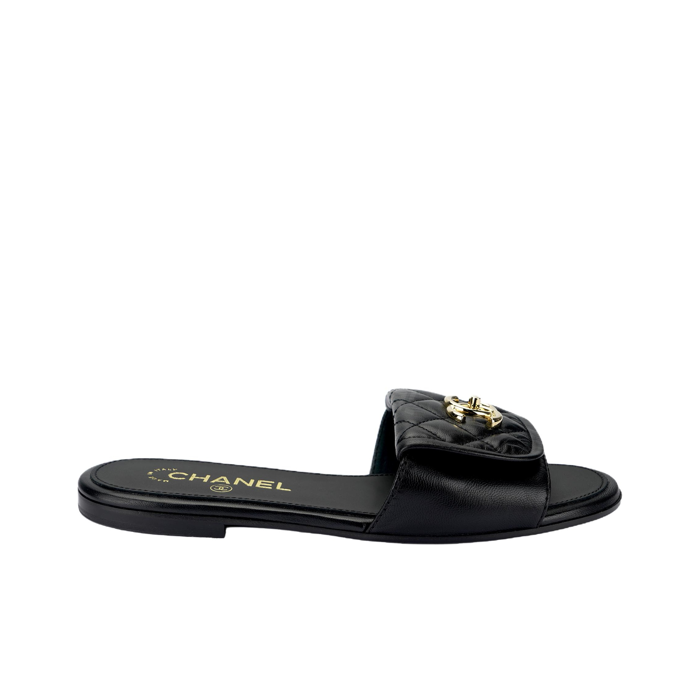 CHANEL 25P Flat Open-Toe Slide Sandals, Women's Style, Black