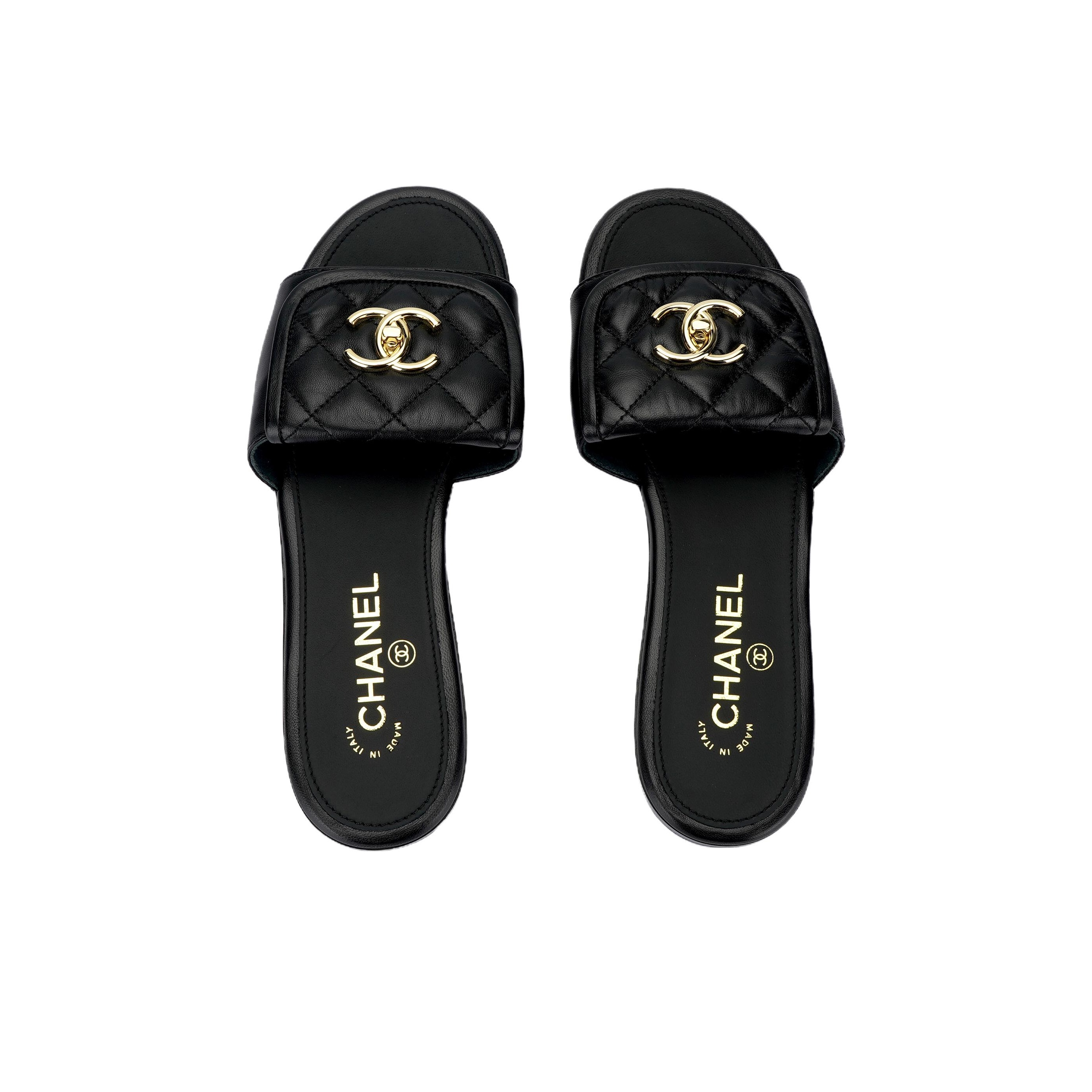 CHANEL 25P Flat Open-Toe Slide Sandals, Women's Style, Black