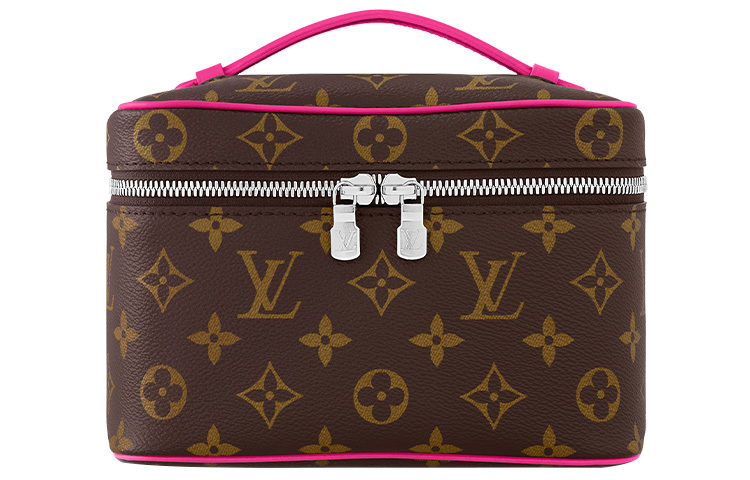 LOUIS VUITTON Nice Monogram All-Over Print Zip-Around Handheld Cosmetic Bag, Mini Size, Women's Style, Brown with Rose Red Trim