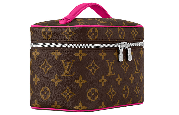 LOUIS VUITTON Nice Monogram All-Over Print Zip-Around Handheld Cosmetic Bag, Mini Size, Women's Style, Brown with Rose Red Trim
