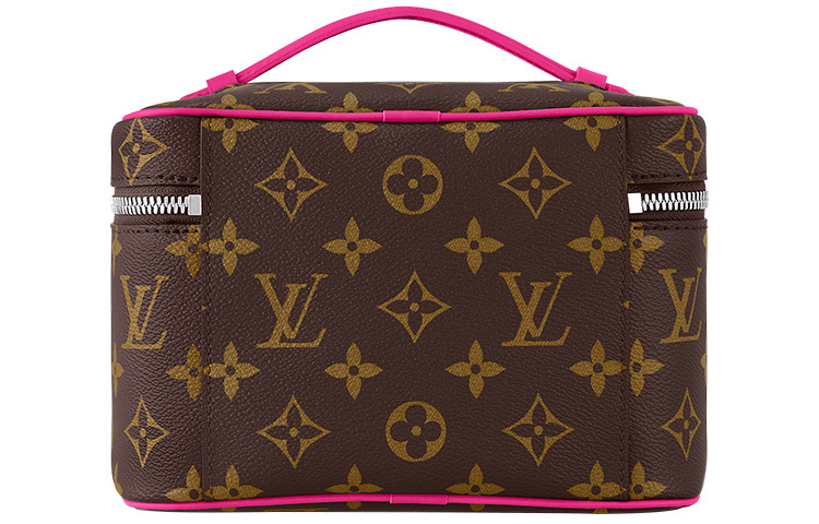 LOUIS VUITTON Nice Monogram All-Over Print Zip-Around Handheld Cosmetic Bag, Mini Size, Women's Style, Brown with Rose Red Trim
