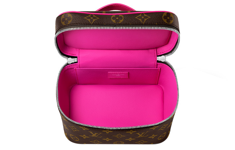 LOUIS VUITTON Nice Monogram All-Over Print Zip-Around Handheld Cosmetic Bag, Mini Size, Women's Style, Brown with Rose Red Trim