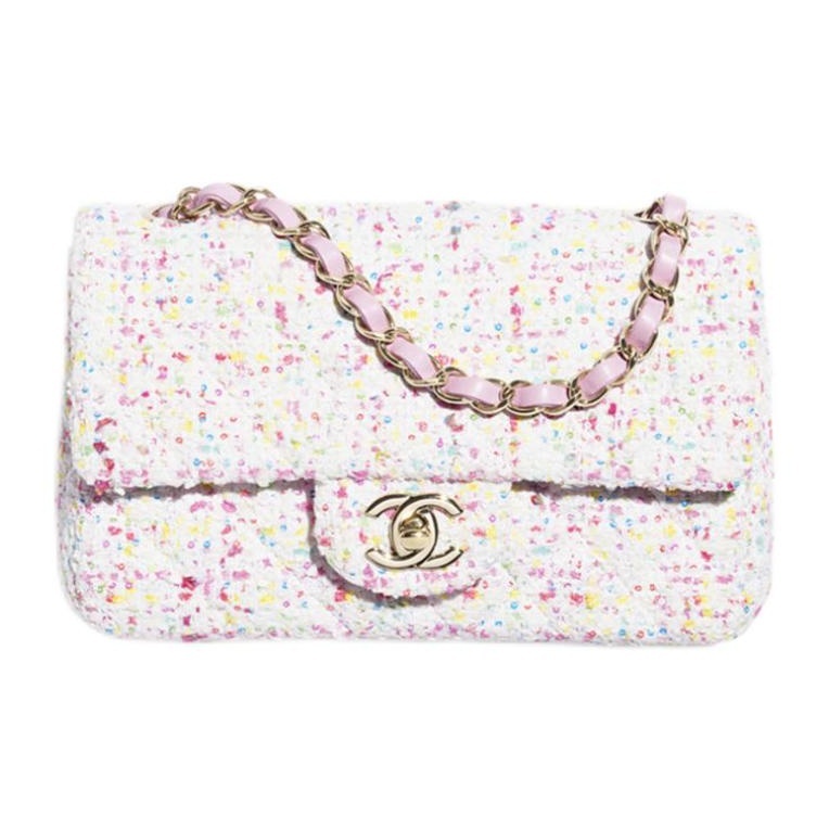 CHANEL 25P Mini Crossbody & Shoulder Bag for Women, White with Pink Trim, featuring Brand Logo Lock Closure & Tweed Fabric