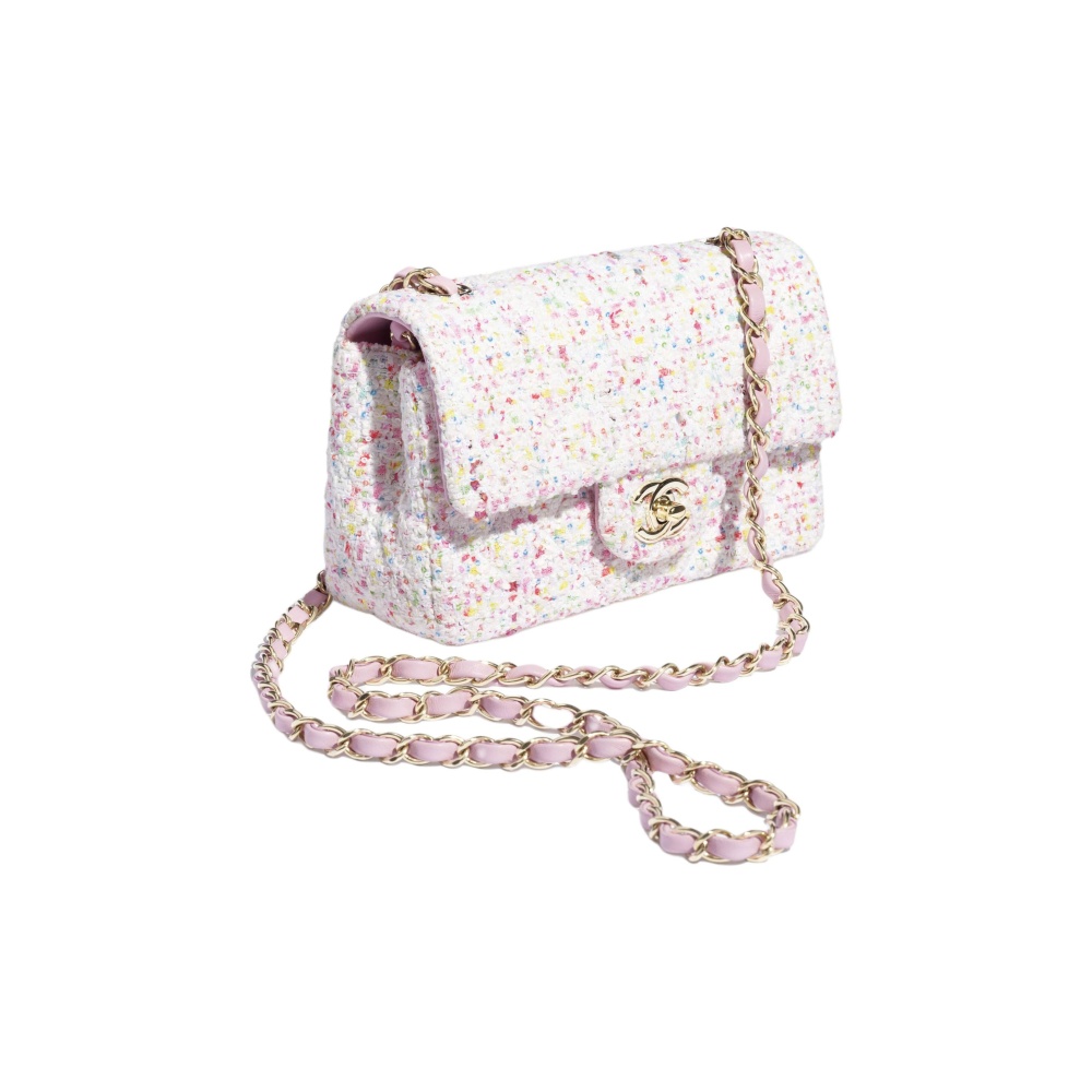 CHANEL 25P Mini Crossbody & Shoulder Bag for Women, White with Pink Trim, featuring Brand Logo Lock Closure & Tweed Fabric