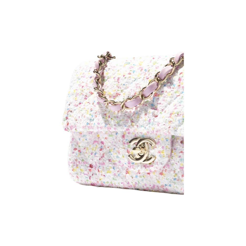 CHANEL 25P Mini Crossbody & Shoulder Bag for Women, White with Pink Trim, featuring Brand Logo Lock Closure & Tweed Fabric