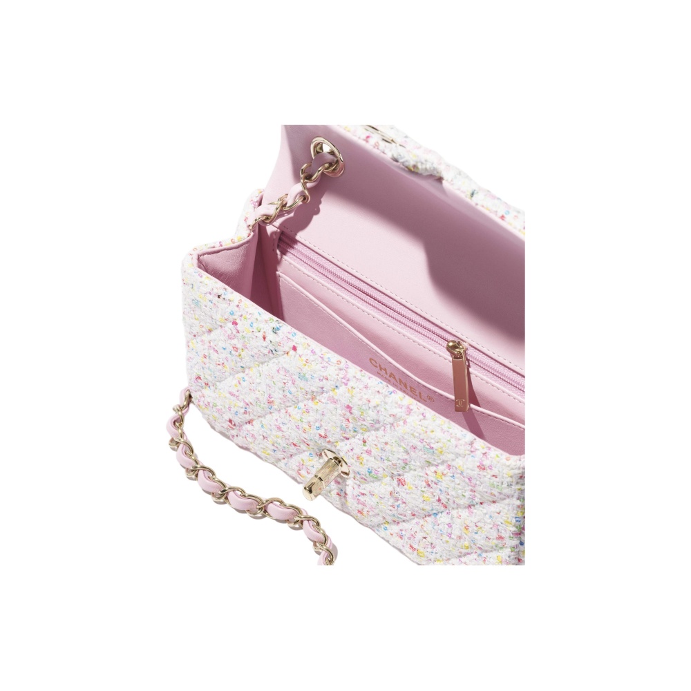 CHANEL 25P Mini Crossbody & Shoulder Bag for Women, White with Pink Trim, featuring Brand Logo Lock Closure & Tweed Fabric