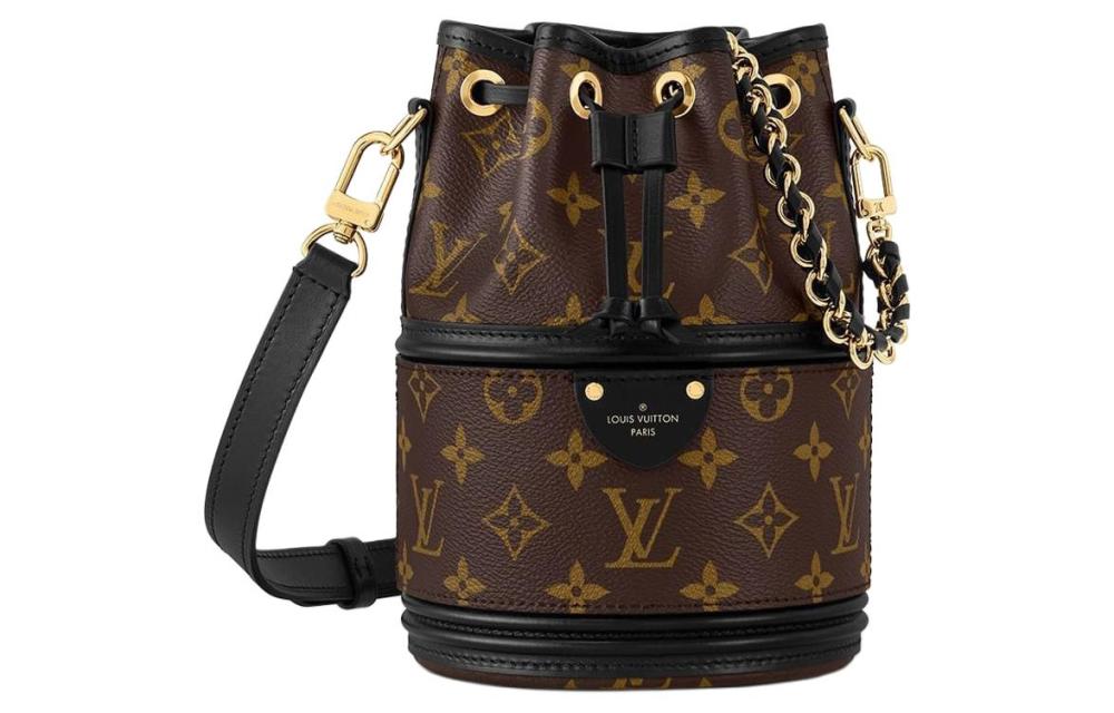 LOUIS VUITTON CANOÉ Women's Bucket Bag (Convertible as Shoulder & Crossbody Bag) – Letter Logo, Drawstring Closure, Brown with Black Trim