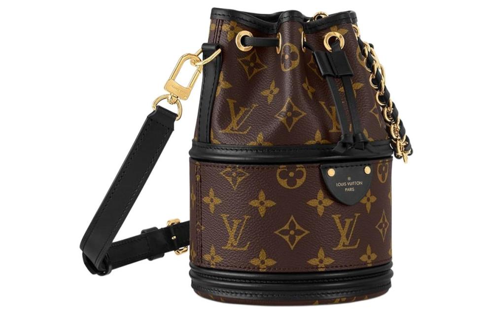 LOUIS VUITTON CANOÉ Women's Bucket Bag (Convertible as Shoulder & Crossbody Bag) – Letter Logo, Drawstring Closure, Brown with Black Trim
