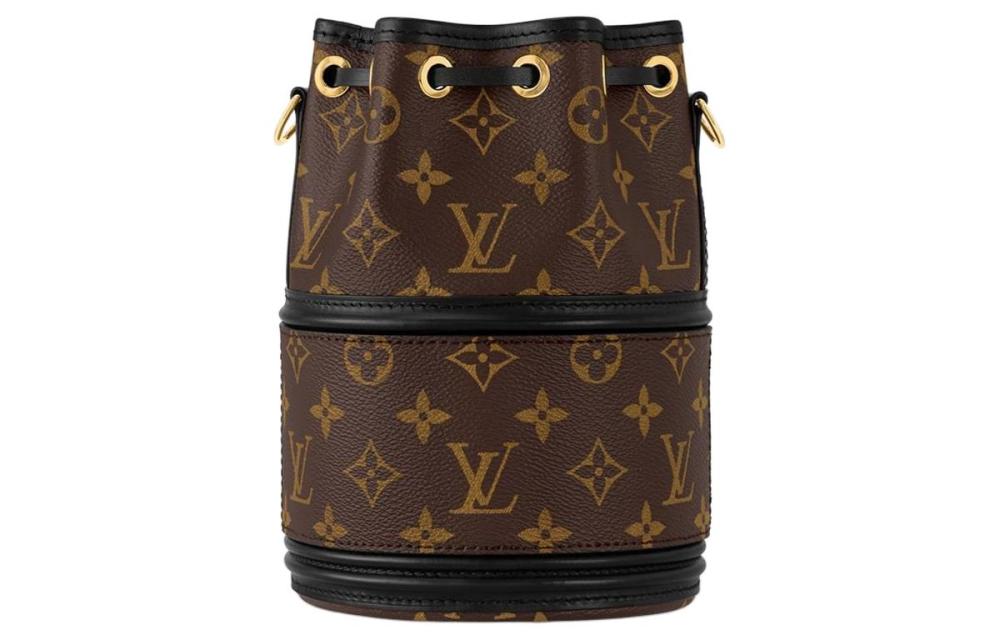 LOUIS VUITTON CANOÉ Women's Bucket Bag (Convertible as Shoulder & Crossbody Bag) – Letter Logo, Drawstring Closure, Brown with Black Trim