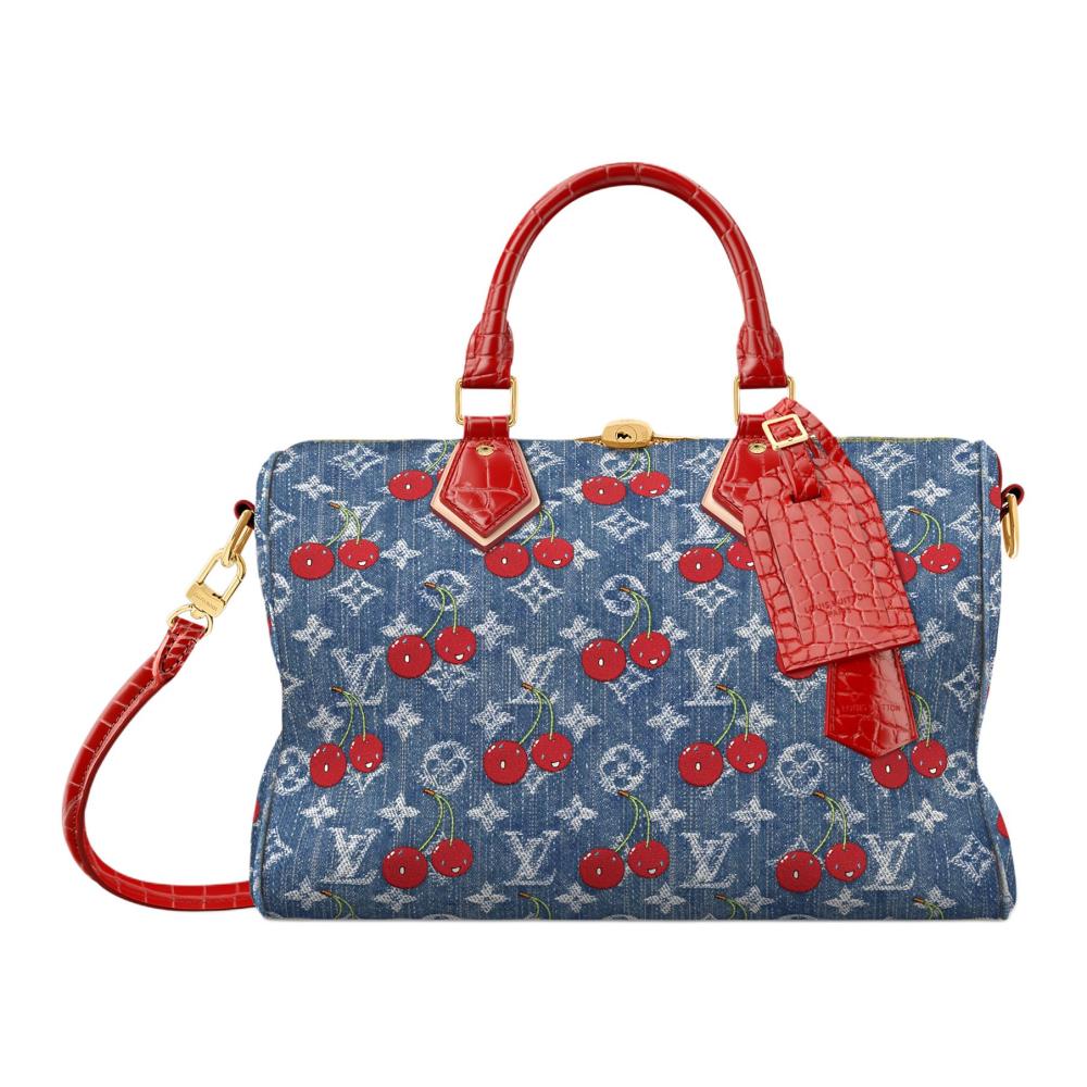 LOUIS VUITTON x Takashi Murakami Collaborative SPEEDY SOFT 30 Cherry Collection - Monogram All-Over Print, Convertible Shoulder/Crossbody/Handheld Bag for Women, Blue with Red Accents