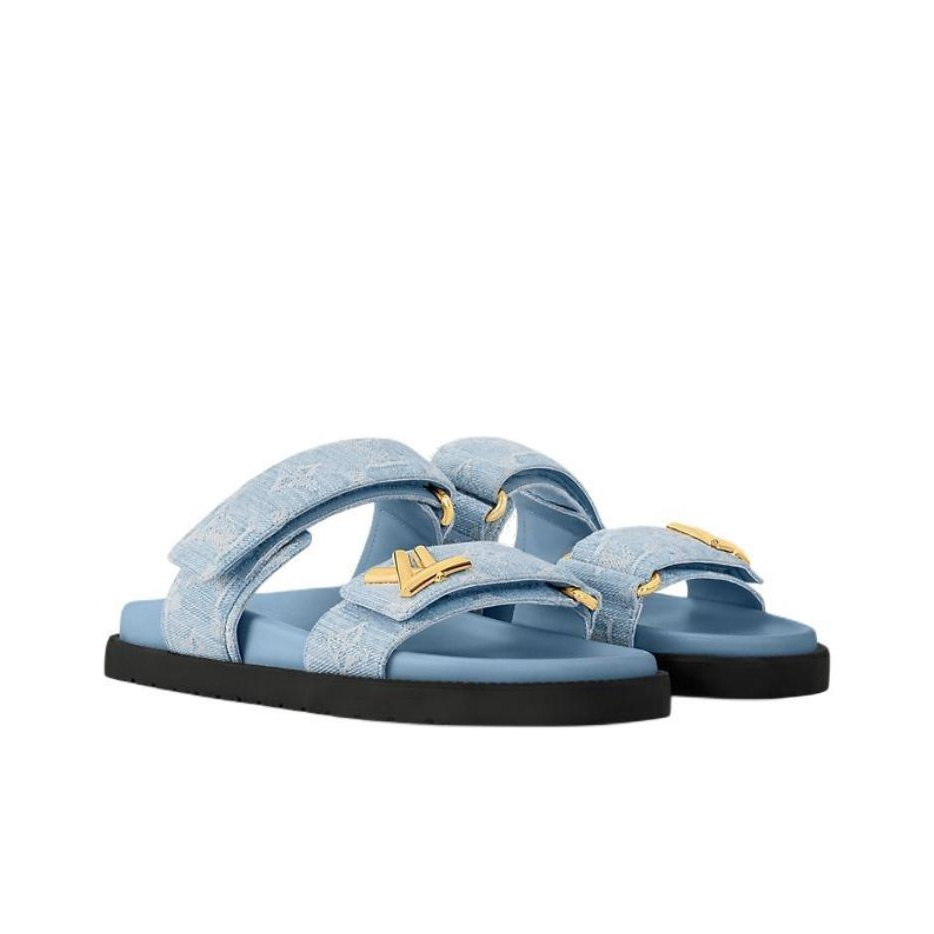 LOUIS VUITTON Sunset Denim Round-Toe Open-Toe Slide Sandals for Women, Blue